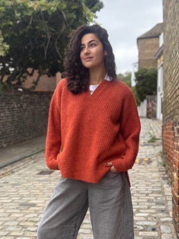 Burnt Orange V Neck Ribbed Side Split Jumper - 16-18