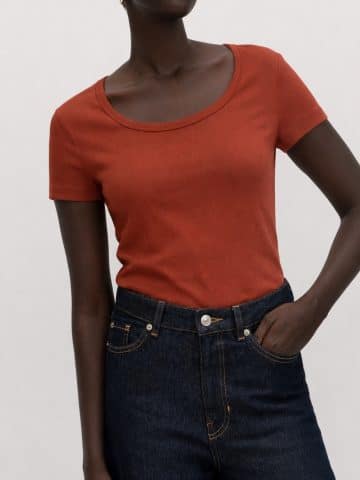 Rust Ribbed Slim Stretch Cotton Round Neck Tee - 16