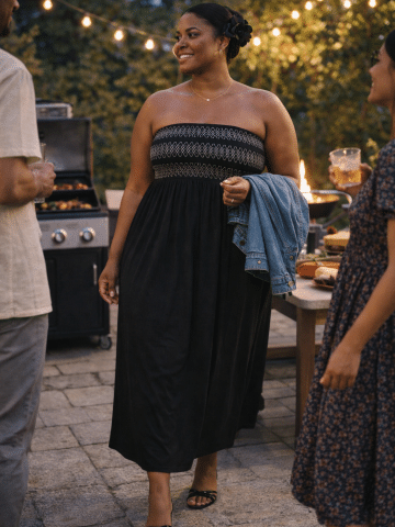 Black Shirred Ex Friends Like These Embroidered Bandeau Midi Dress. - 16