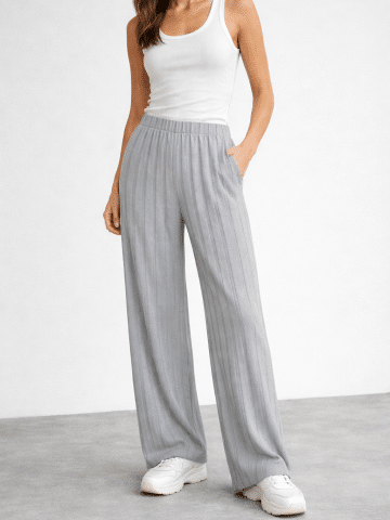 Grey Ribbed Loose Leg Trousers - M