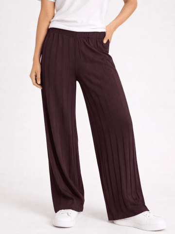 Brown Ribbed Loose Leg Trousers - M