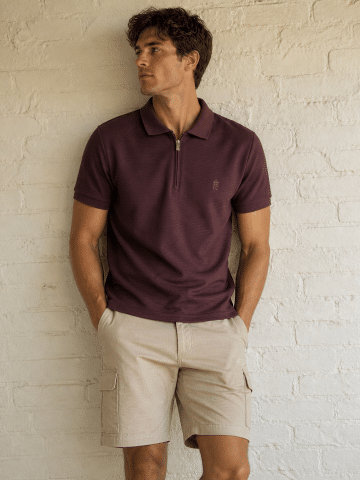 Maroon Mens Ex French Connection Ribbed Half Zip Cotton Polo - M
