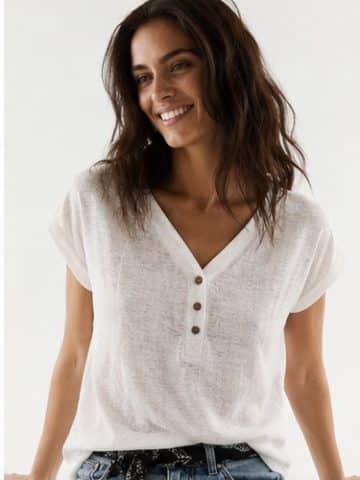White Linen Quality Brand V Neck Button Relaxed Tees - UK16