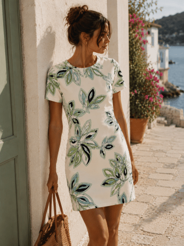Cream With Green Black Leaf Print Stretchy Lined Tunic Dress - UK18