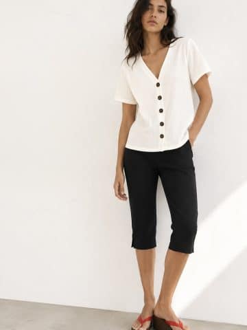 Creamy White Waffle Button Through Top - UK14