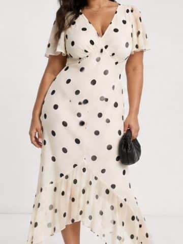 Beige Black Polka Dot Asymmetric Midi Dress - UK20