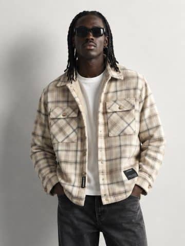 Men’s Ex PullBear Borg-Lined Check Shacket - XL